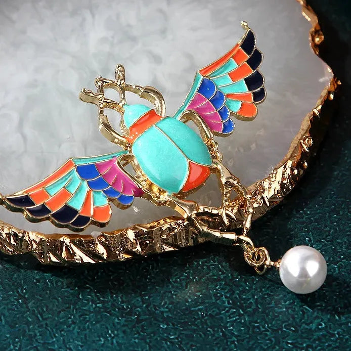 Vintage Winged Scarab Brooch Egyptian Revival Beetle Pin Pearl Accessory