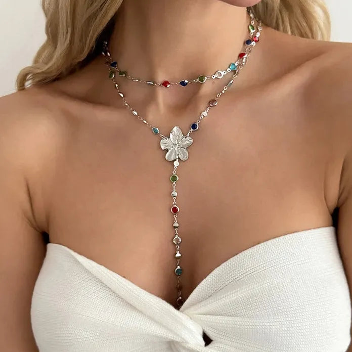 Boho Flower Pendant Necklace & Adjustable Crystal Chain Bracelet Set