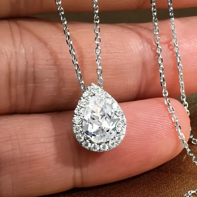 Geometric Crystal Water Drop Cubic Zirconia Pendant Necklace for Women Copper Alloy