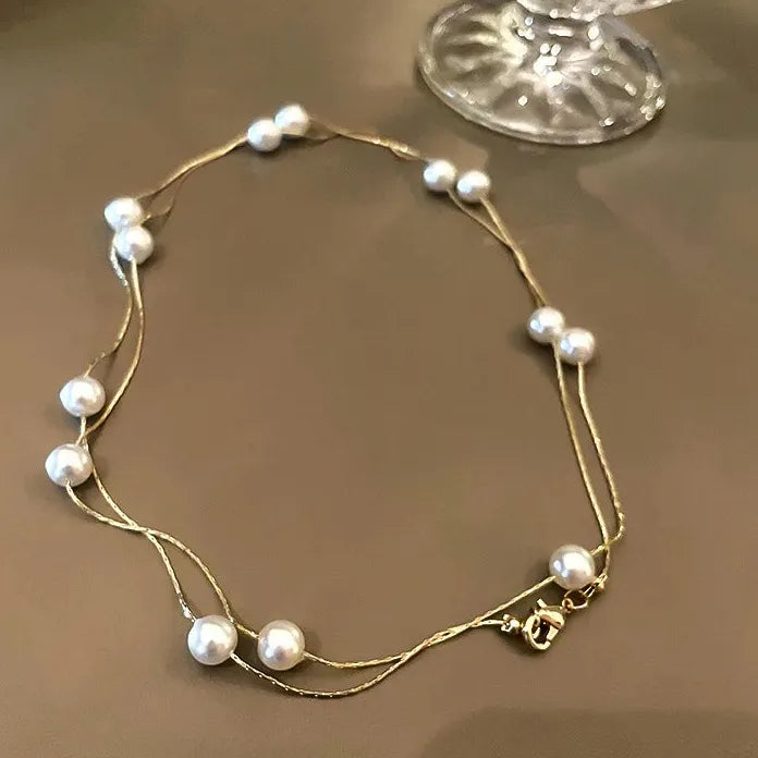 Imitation Pearl Choker Necklace for Women Double Layer Gold Chain Circle Pendant Gift