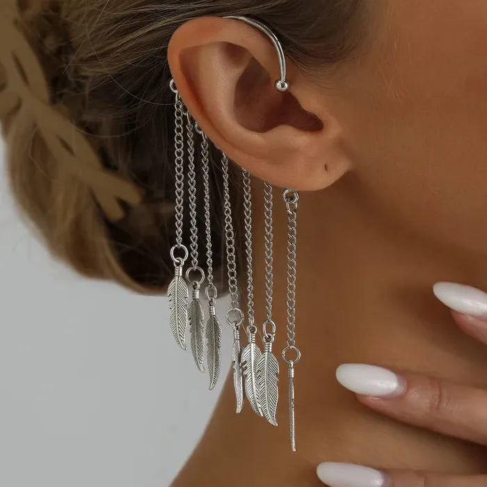 Metal Leaf Multi-Layer Tassel Zinc Alloy Clip-On Ear Wrap Cuff Earrings