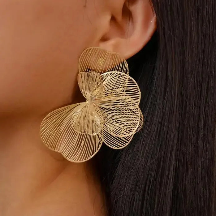 Elegant Multi Layer Metal Petal Flower Stud Earrings for Women Nature Jewelry