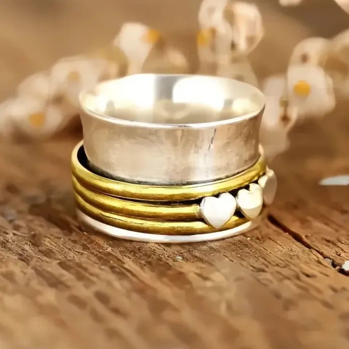Hip Hop Zinc Alloy Two Tone Wide Ring with 3 Hearts for Women Party Jewelry