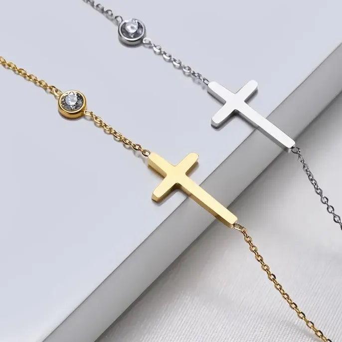 Copper Link Chain Bracelet with Cubic Zirconia Cross Charm Faith Jewelry