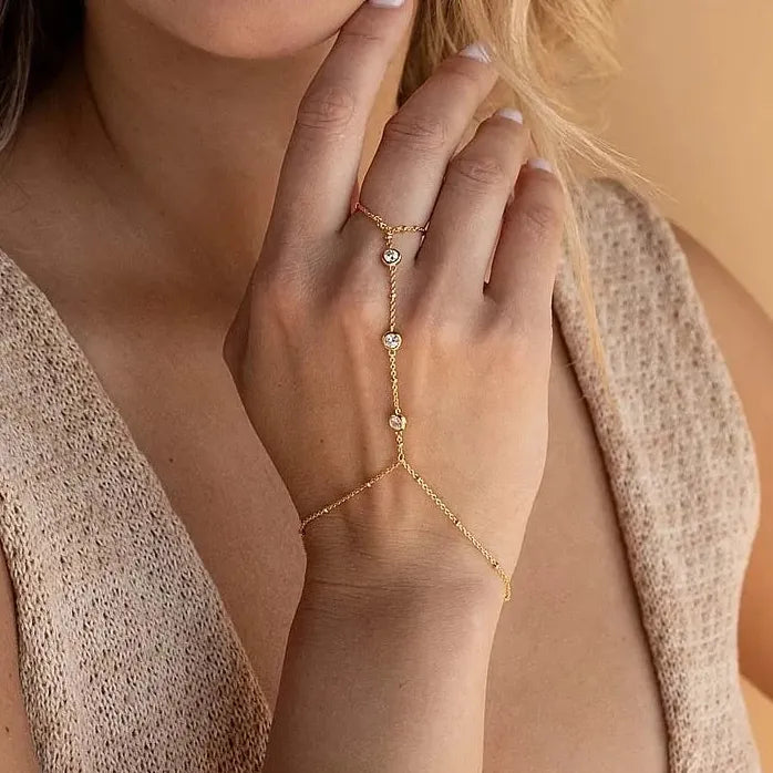 Bohemian Crystal Link Chain Metal Finger Bracelet for Women Summer Gift Jewelry