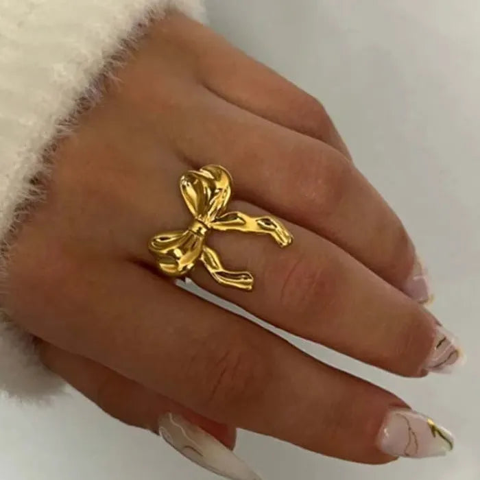 Adjustable Gold Stainless Steel Bowknot Ring for Women Wedding Jewelry Gift