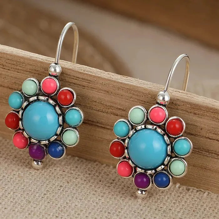 Vintage Sunflower Pendant Earrings Set with Multi-Colored Synthetic Gemstone for Women