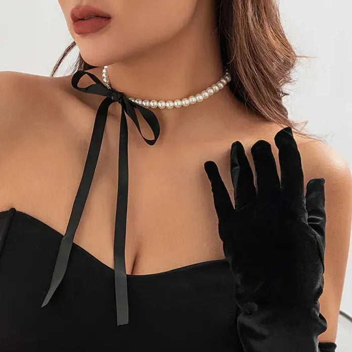 Punk Gothic Black Ribbon Bowknot Choker Necklace White Pearl Clavicle Y2K Jewelry Women