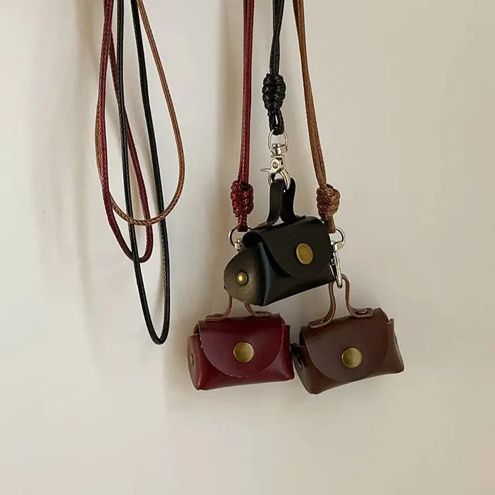 Leather Hanging Neck Coin Purse Pendant Necklace with Long Chain for Women
