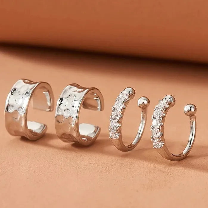 2Pcs Silver Crystal Clip Earrings Women Girls Minimalist Metal C-Shaped Ear Cuff Jewelry