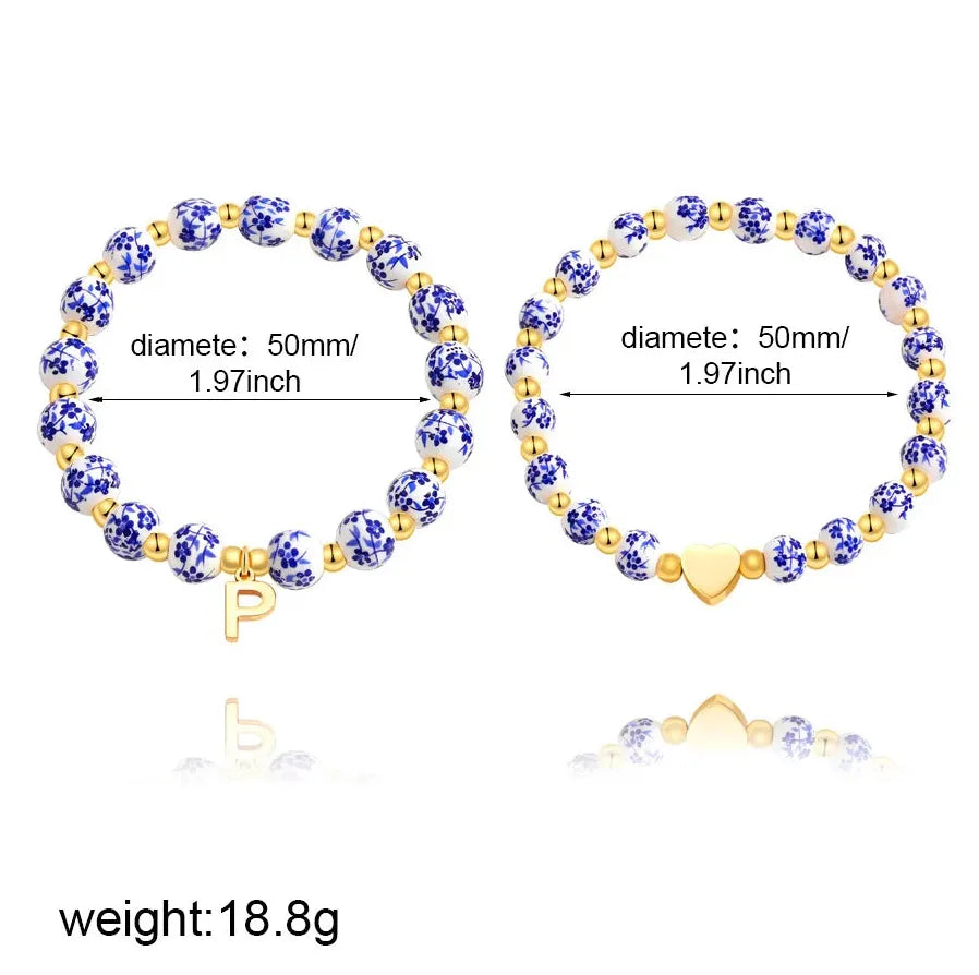 2 Pcs Handmade Blue White Porcelain Letter B Elastic Beaded Bracelet Jewelry Gift