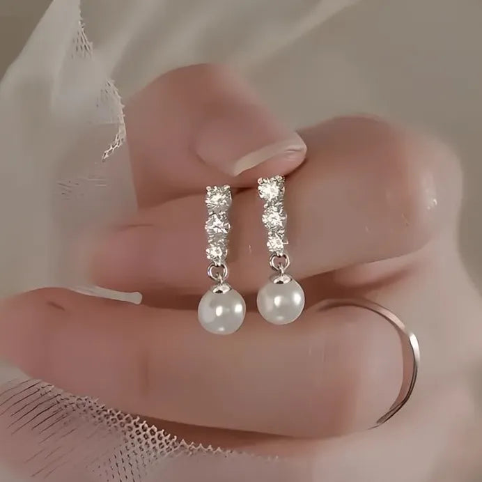 Elegant Geometric Simulated Pearl Drop Earrings with Cubic Zirconia for Women
