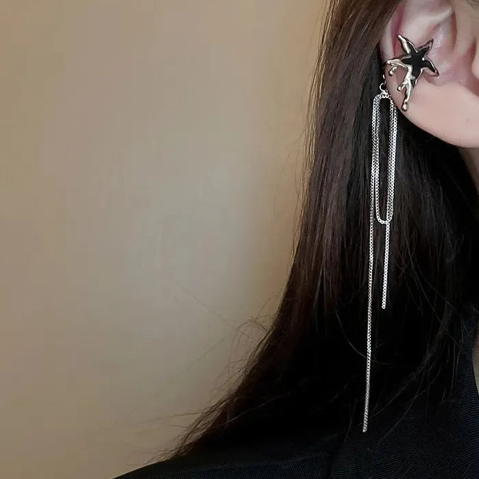 Punk Black Asymmetric Moon Star Clip Earrings Tassel Ear Cuff Jewelry