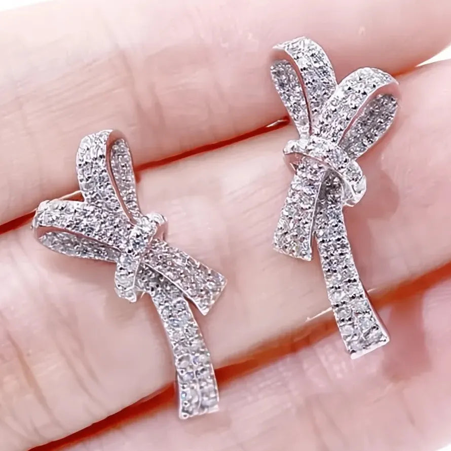 Luxury Geometric Cubic Zirconia Bow Stud Earrings Copper Alloy Women