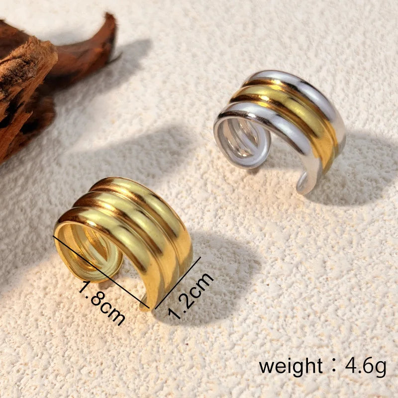 Punk 18k Gold Plated Stainless Steel Thick Stripe Three Layer Knuckle Ring