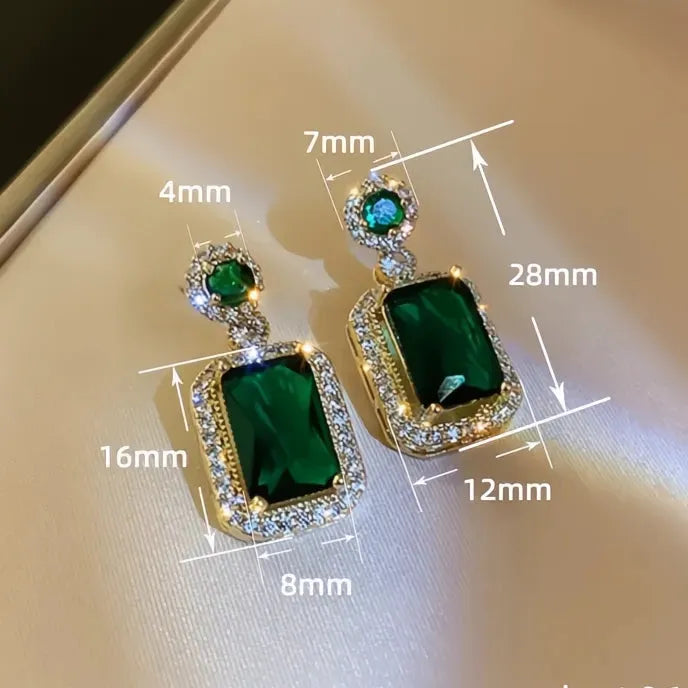 Full Bling Iced Out Blue Green Cubic Zirconia Geometric Drop Earrings for Women Wedding Party Jewelry Copper Alloy