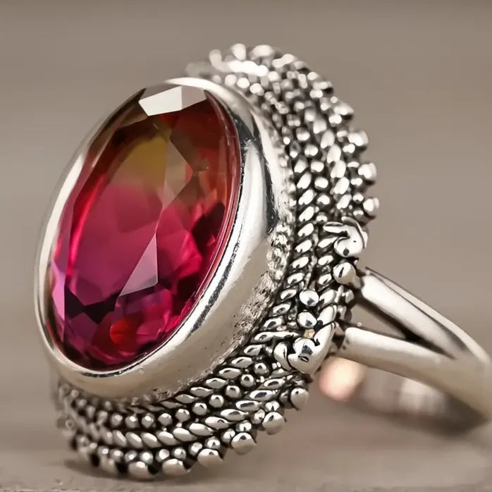 Vintage Geometric Red Cubic Zirconia Brass Ring for Women