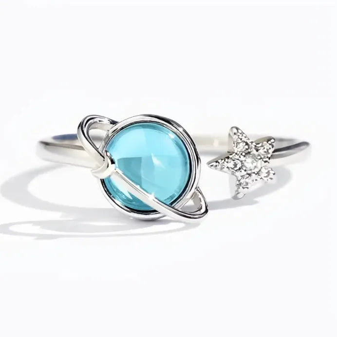 Geometric Blue Planet & Silver Star Pave Opening Rings for Women Gift