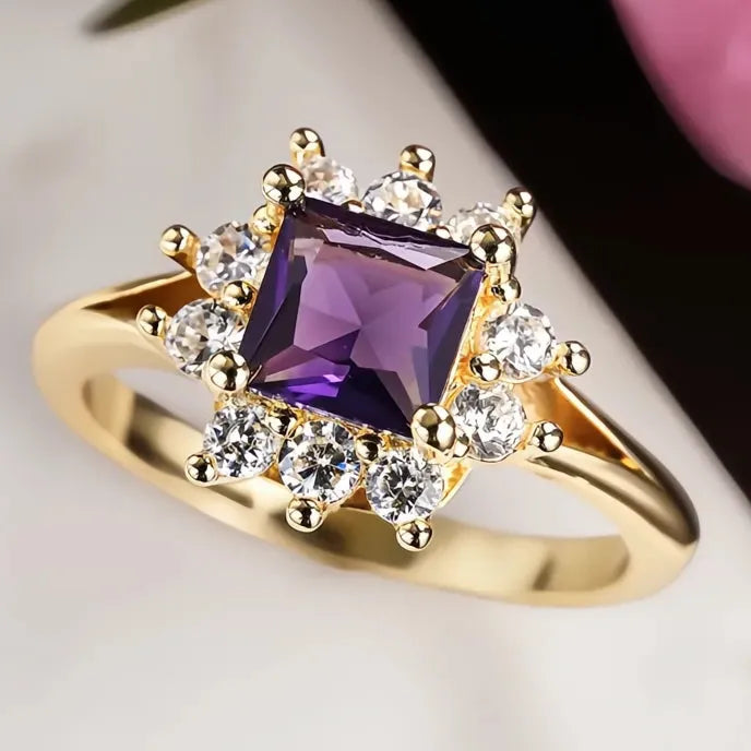 Elegant Gold Color Women’s Ring with Purple Cubic Zirconia Inlay, Trendy Party Wedding Jewelry Gift