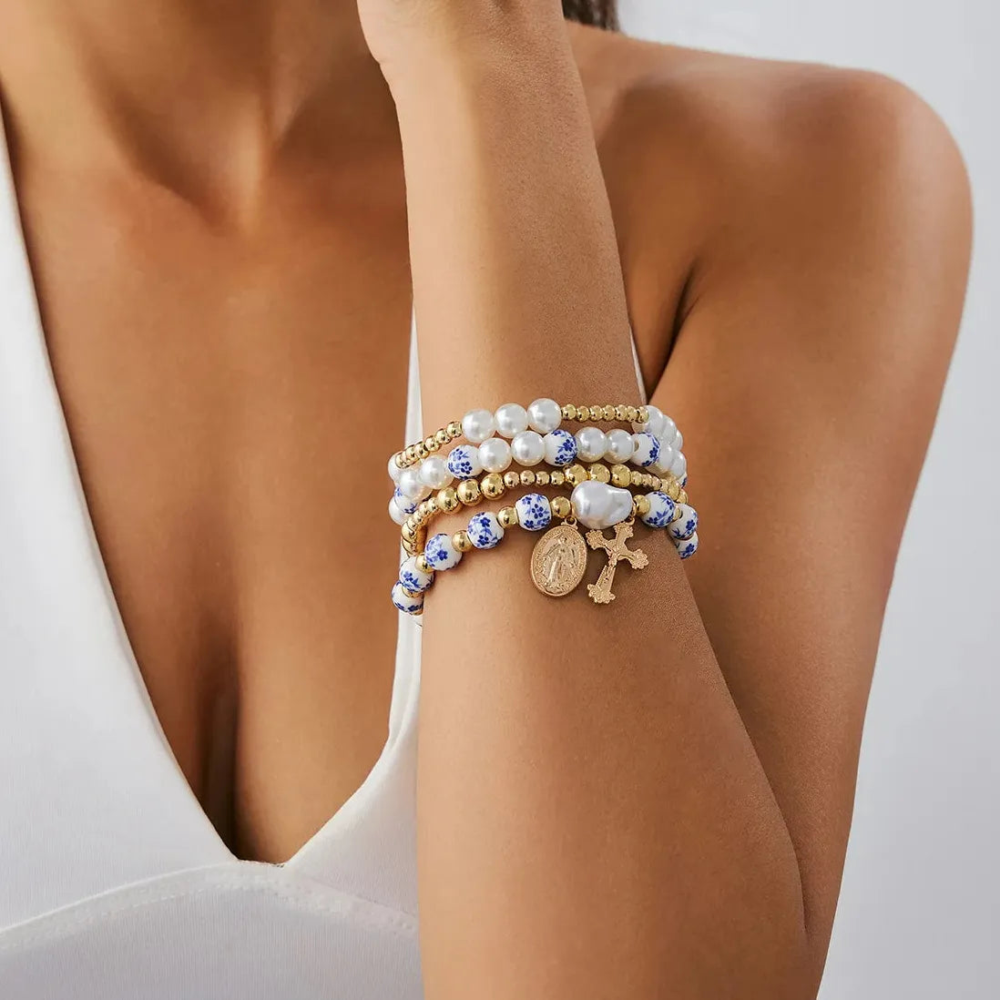 4pcs Blue White Porcelain Round Bead Bracelet Women Geometric Pearl Cross Jewelry
