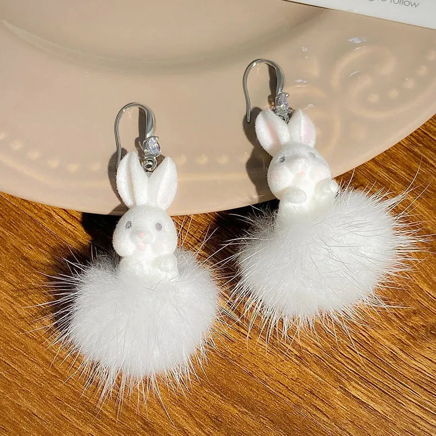 White Plush Cotton Rabbit Carrot Drop Earrings Cute Winter Gift