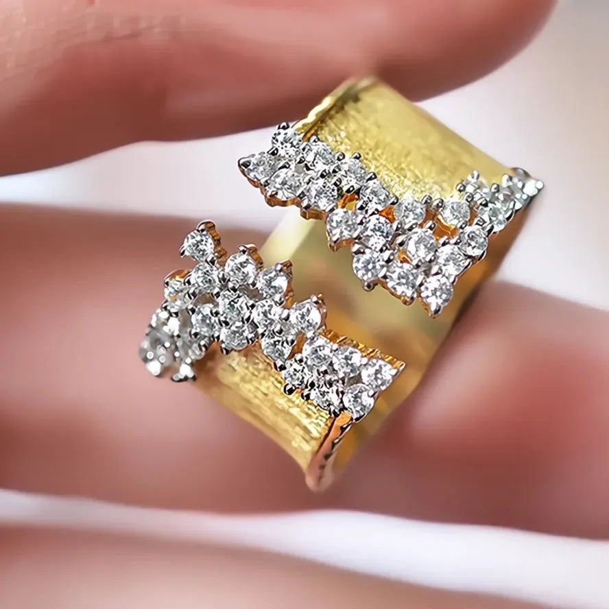 Luxury Gold Color Cubic Zirconia Geometric Wide Band Ring for Women Brass OL Style Jewelry