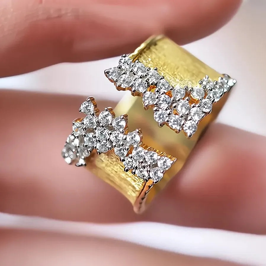 Gold Cubic Zirconia Geometric Wide Band Ring for Women OL Style Jewelry