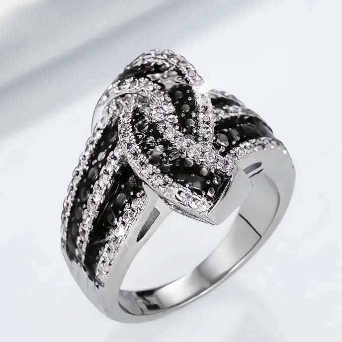 Vintage Black Enamel Brass Ring with White Cubic Zirconia, Women’s Party Jewelry