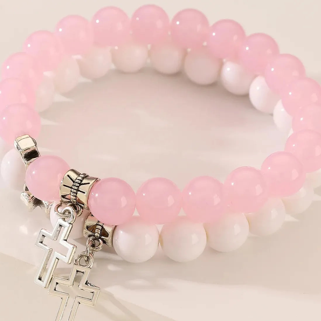 2Pcs Pink Crystal Beads Cross Bracelets Natural Stone Couple Jewelry Gift Set