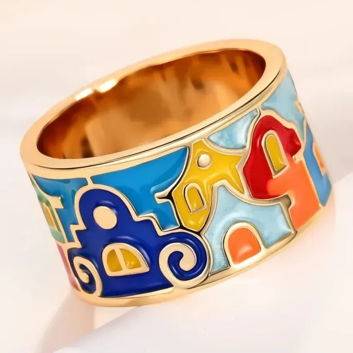 Gold Brass Enamel Geometric Ring for Women Trendy Party Gift