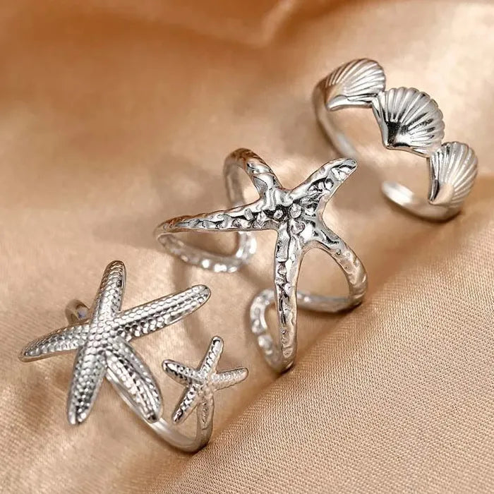 Adjustable Stainless Steel Starfish Conch Shell Ring for Women Gift Jewelry Gold