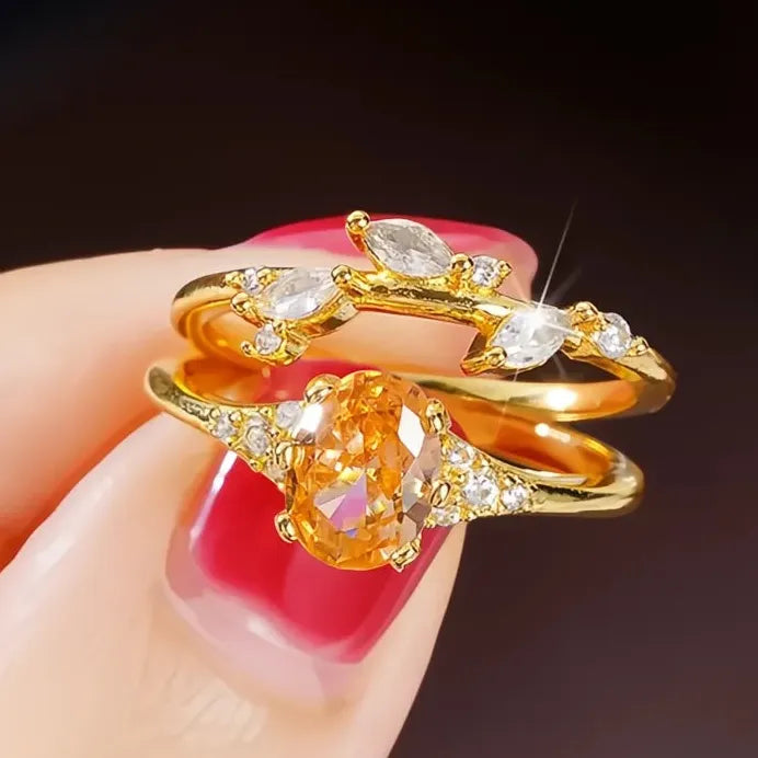 Women’s Bridal Ring Set with Champagne Cubic Zirconia Wedding Jewelry Gift