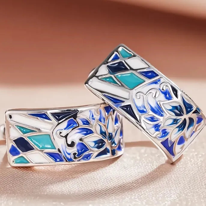 Geometric Hoop Earrings for Women with Blue Flower Design Elegant Jewelry