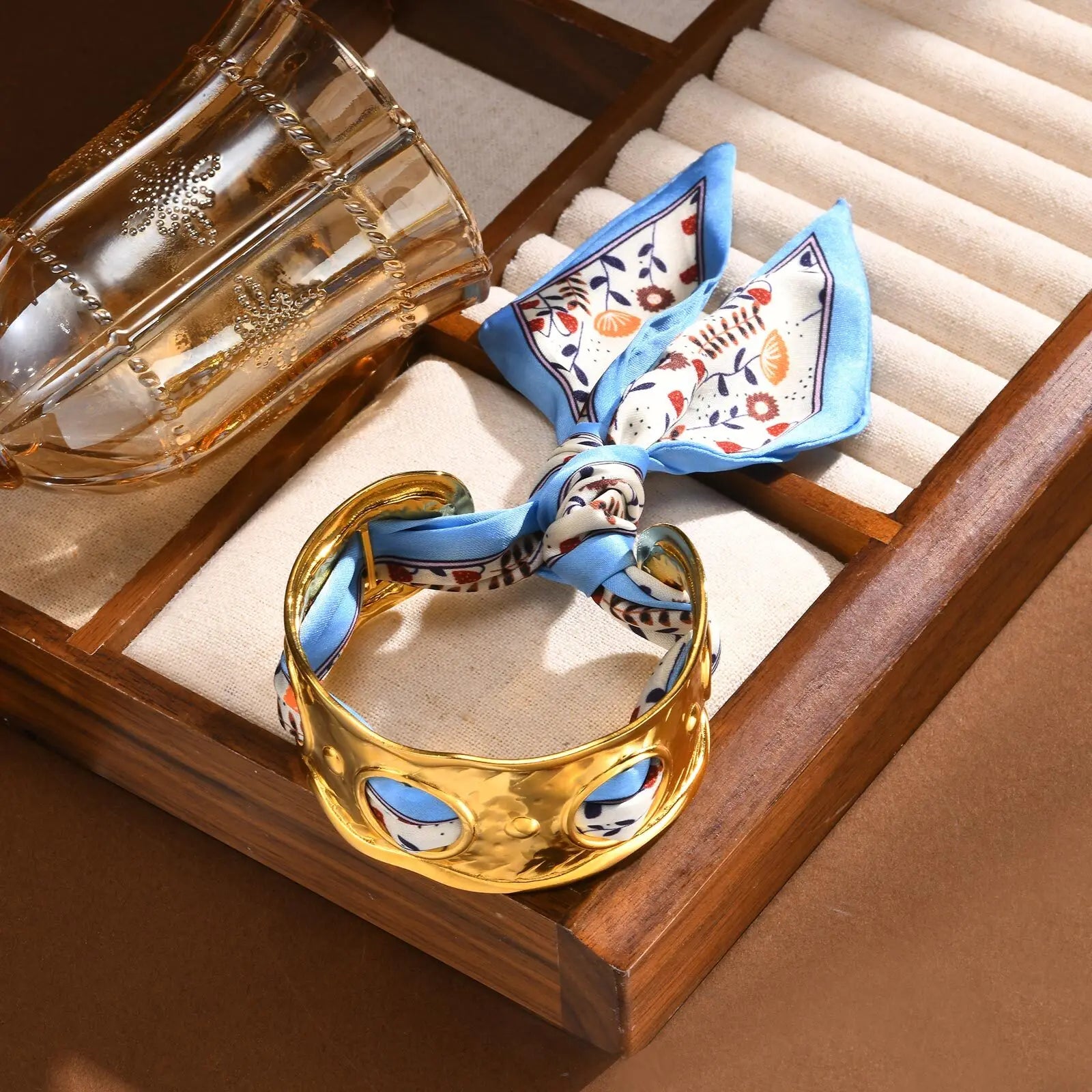 Gold Plated Stainless Steel Hollow Open Bangle Silk Scarf Bracelet Women