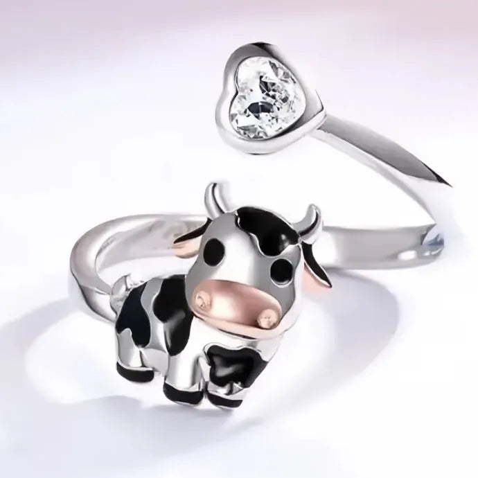 Cow Shaped Adjustable Women’s Ring Silver Color Brass Heart CZ Jewelry