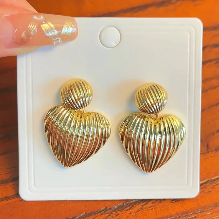 Striped Heart Drop Earrings for Women Gold Zinc Alloy Retro Ball