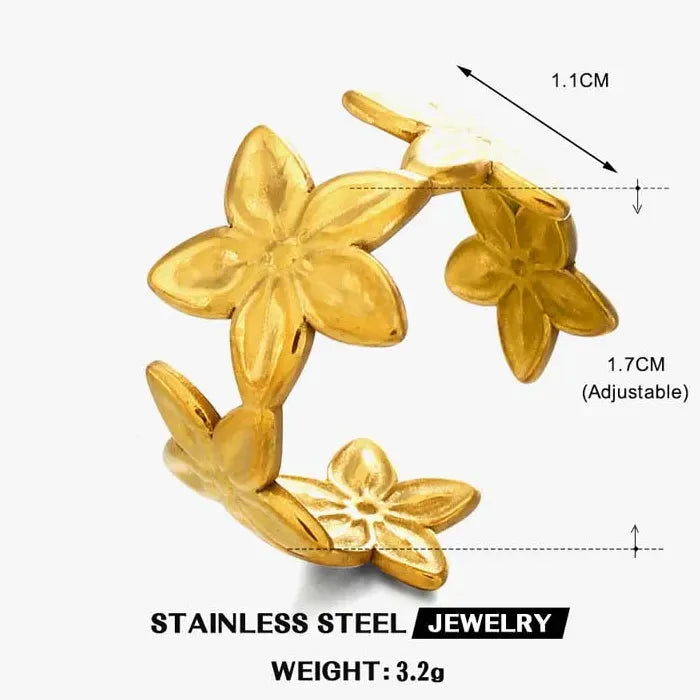 Adjustable Stainless Steel Flower Ring for Women Vintage Gold Petal Jewelry Gift