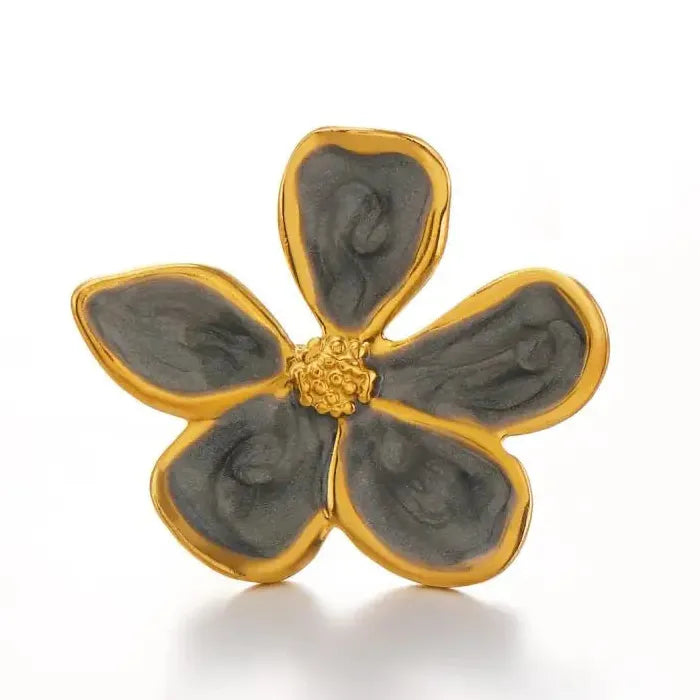Vintage Stainless Steel Big Bloom Flower Cocktail Ring Black White Drip Oil