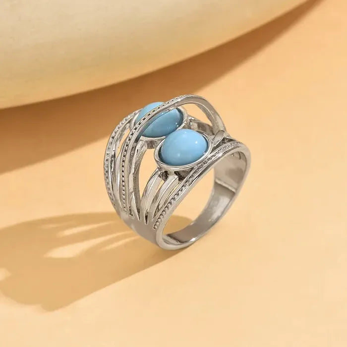 Vintage Bohemian Silver Zinc Alloy Synthetic Gemstone Ring Women’s Festival Jewelry