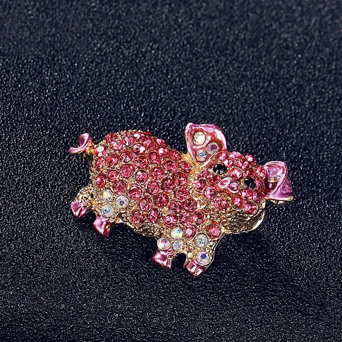 Retro Pink Pig Rhinestone Crystal Animal Brooch Pin for Women