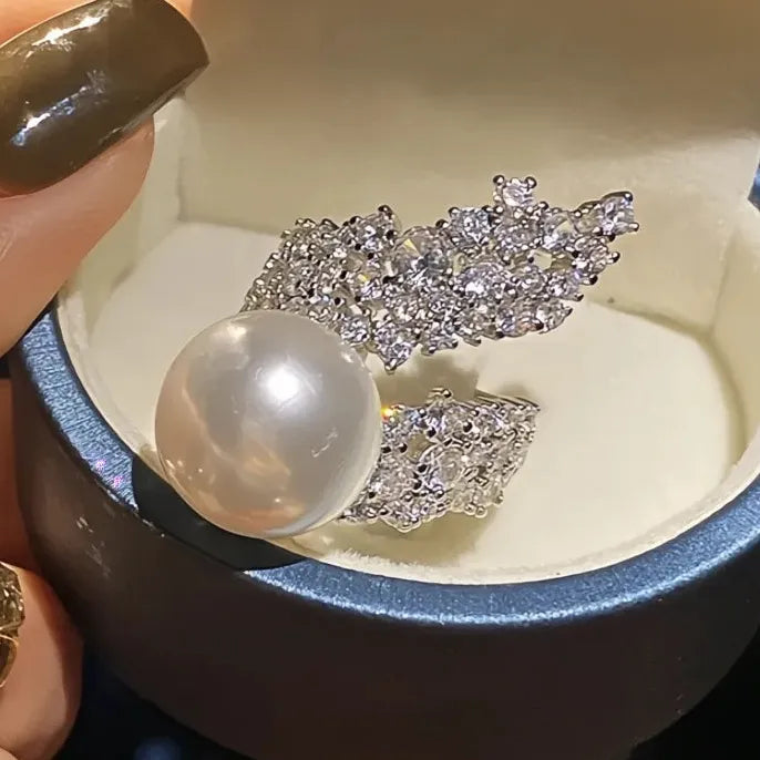 Simulated Pearl Wedding Ring with Zirconia Brass Luxury Jewelry for Women
