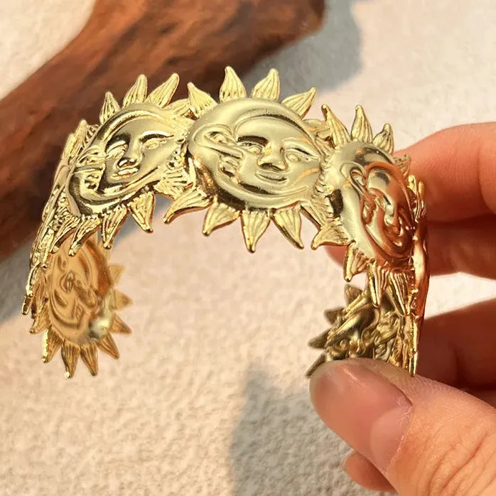 Gold Plated Stainless Steel Punk Sun Lion Geometric Cuff Bracelet Unisex