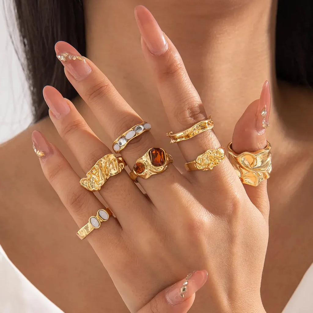 7Pcs Vintage Red Crystal Geometric Rings Set for Women Men Fashion Jewelry