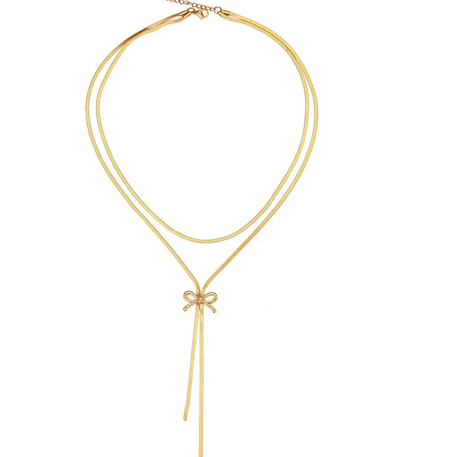 French Style Retro Minimalist Bow Necklace for Women Stainless Steel Pendant Jewelry