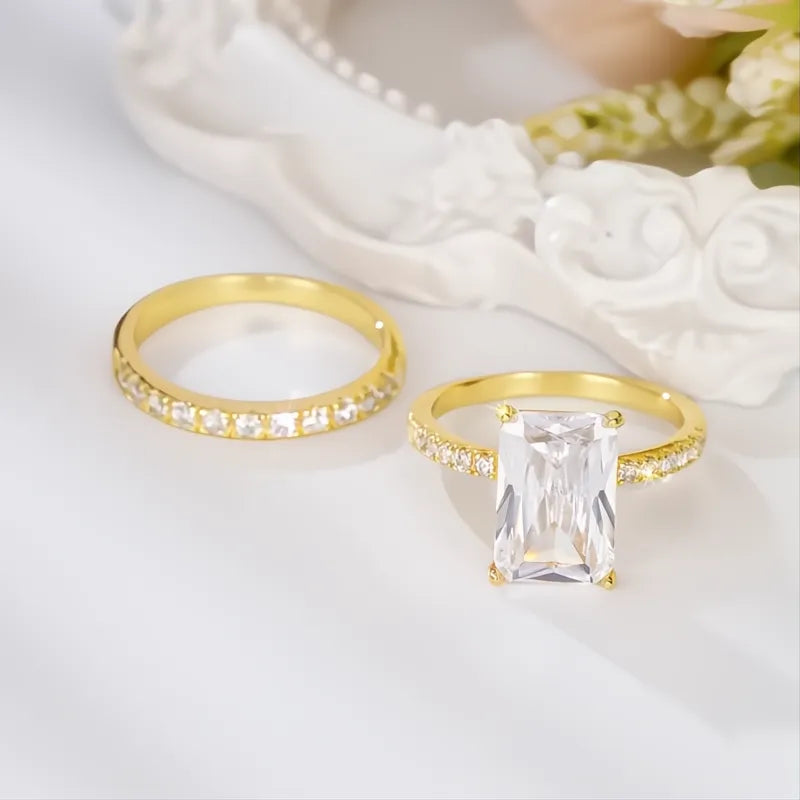 Rectangular Cubic Zirconia Bridal Wedding Rings Set for Women Luxury Trendy Engagement Band Jewelry