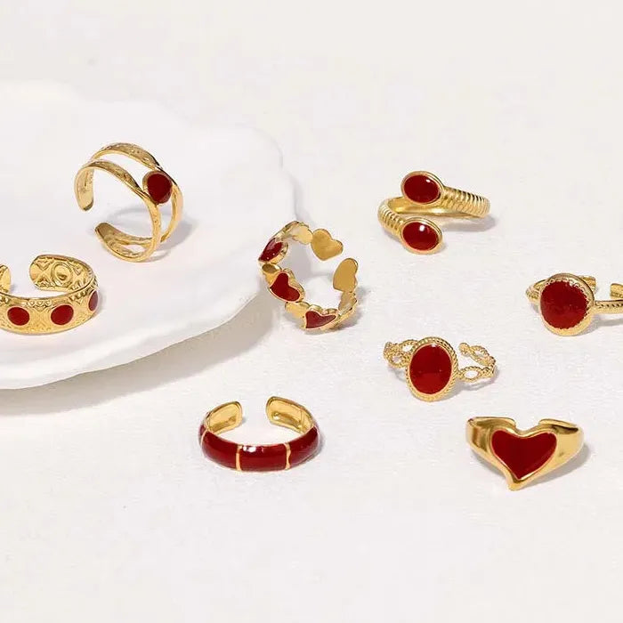 Adjustable Vintage Red Drip Oil Heart Ring for Women Stainless Steel 2025 Jewelry