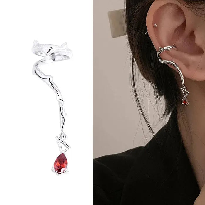 Punk Hip Hop Fox Animal Clip Earrings Black Zircon Cone Metal Non-Piercing Cuff Women