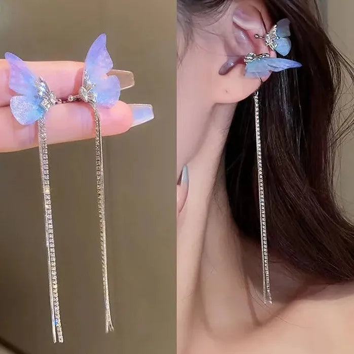Blue Tulle Butterfly Clip-On Earrings for Women No Piercing Fashion Jewelry