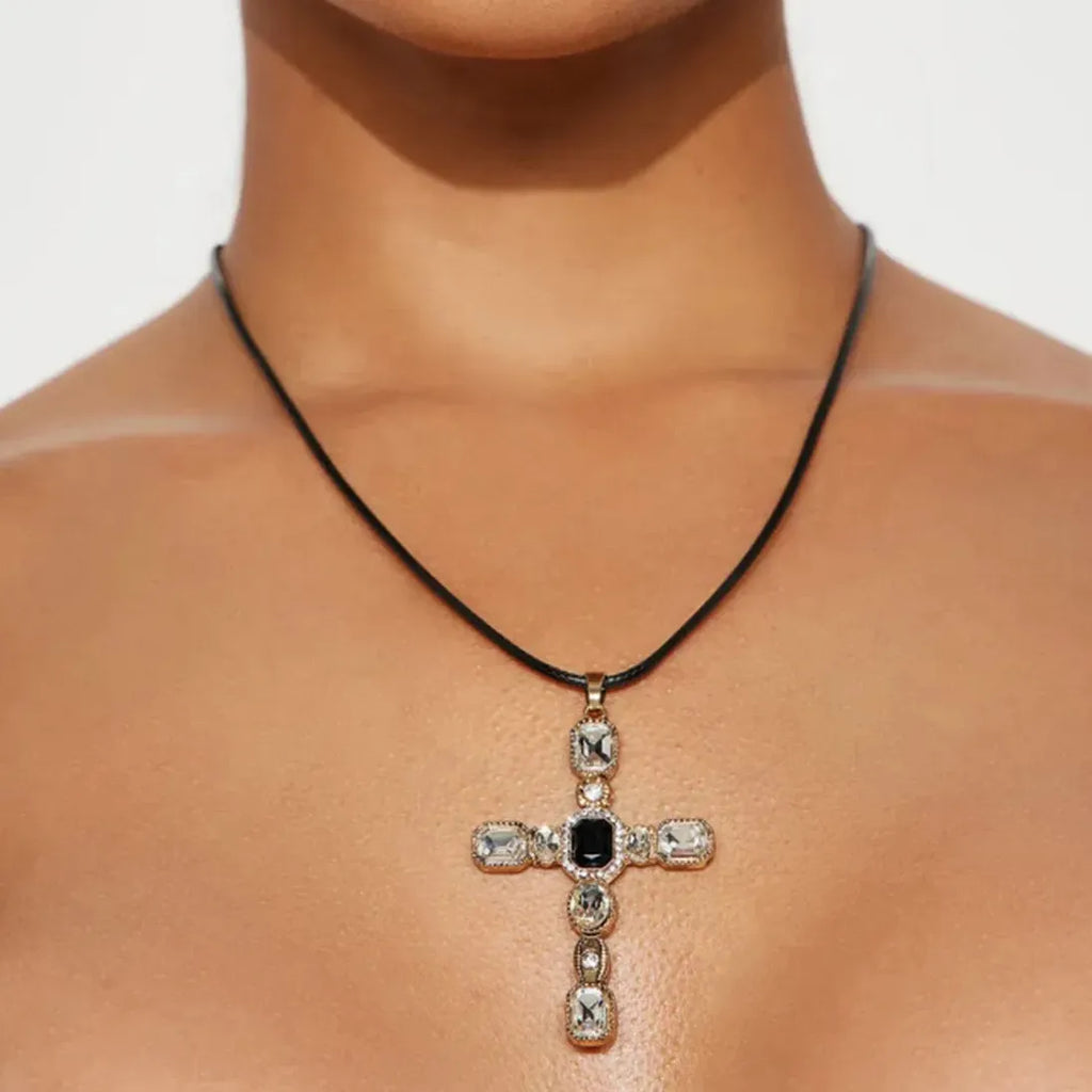 Crystal Cross Pendant Necklace Leather Choker Punk Gothic Hip Hop Unisex Jewelry