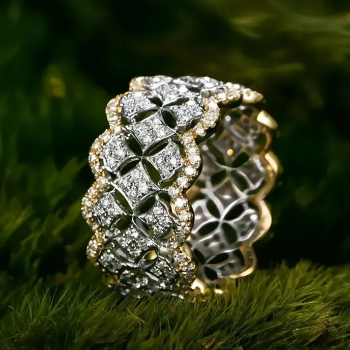 Women’s Two Tone Brass Hip Hop Rock Rings with Cubic Zirconia Hollow Leaf Design Party Jewelry